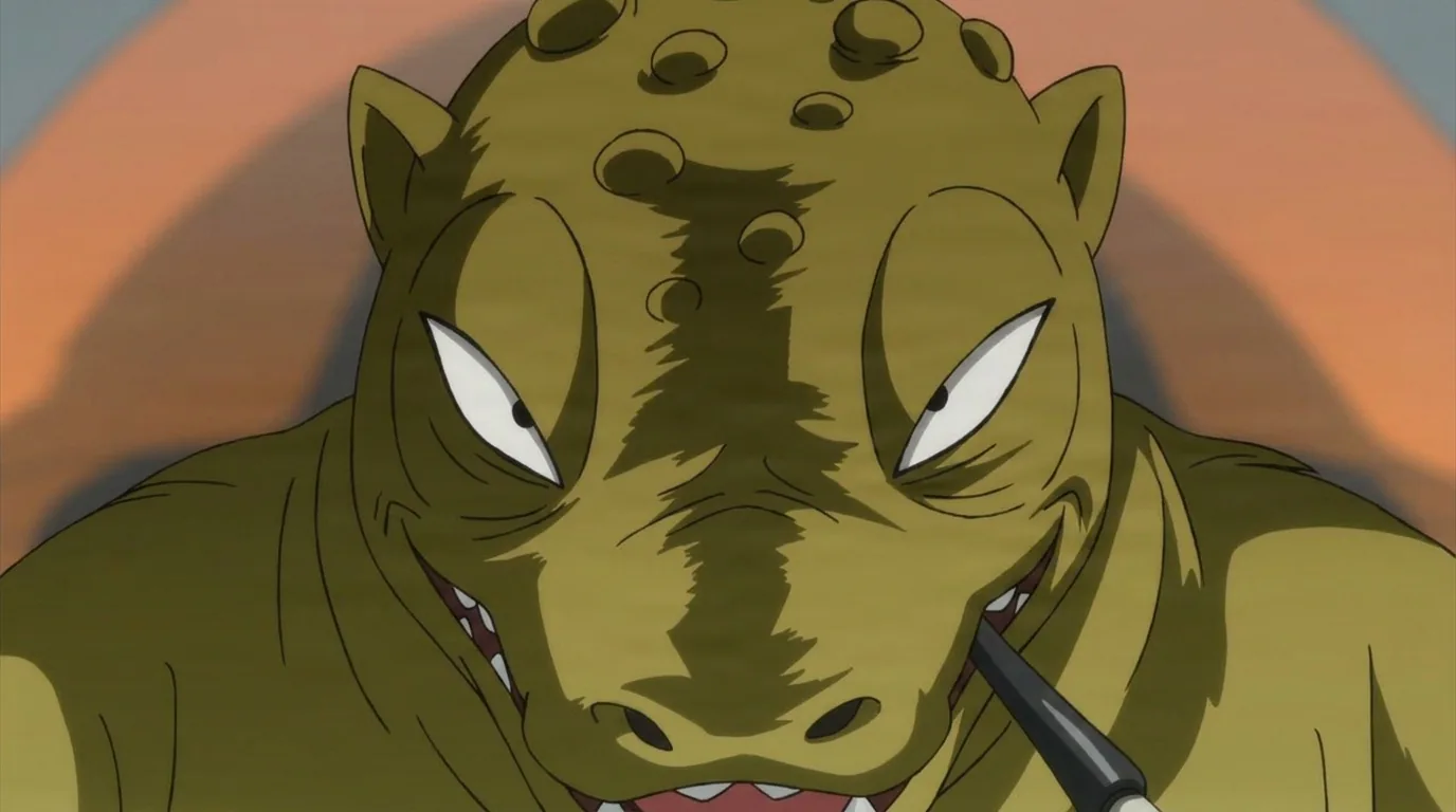 Guame from Gurren Lagann in a close-framed cel-shaded anime scene with a detailed environment