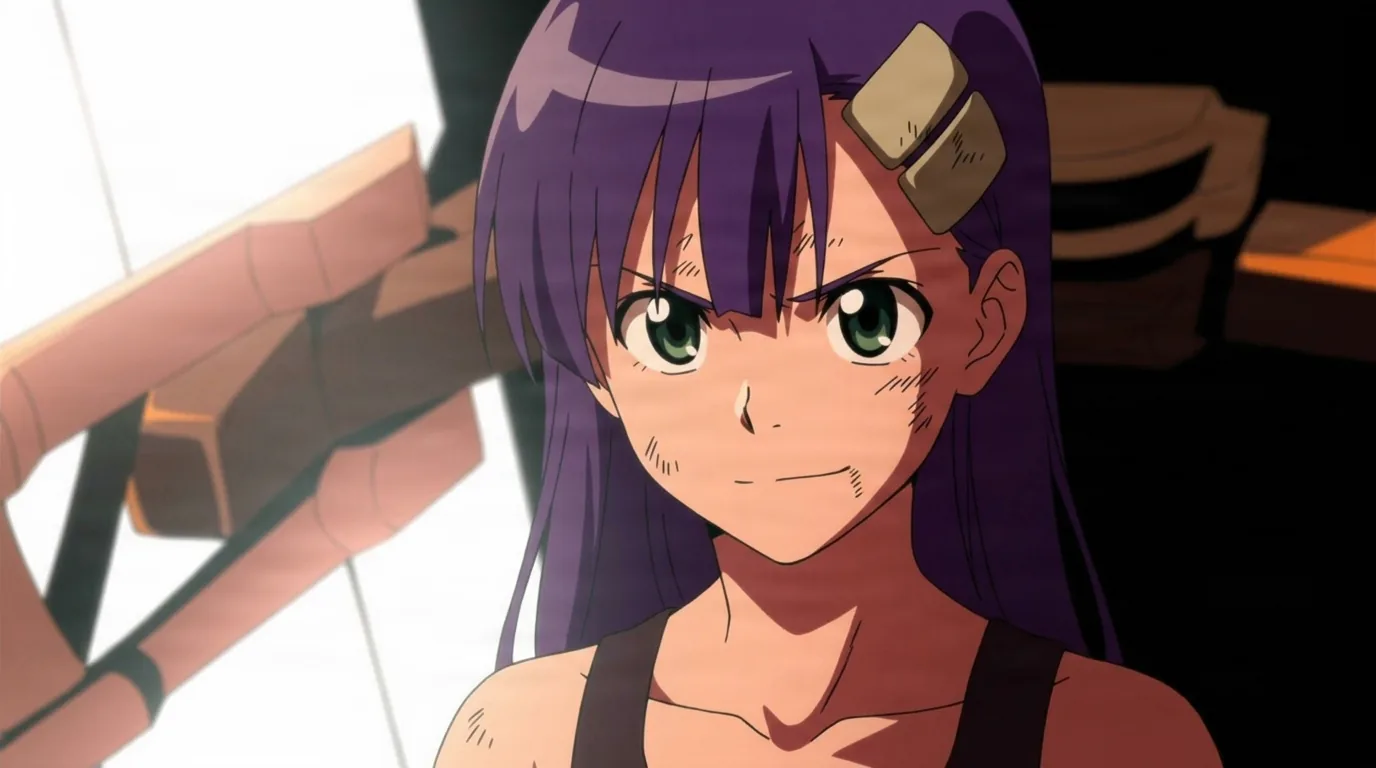Kiyal Bachika from Gurren Lagann in a close-framed cel-shaded anime scene with a detailed environment