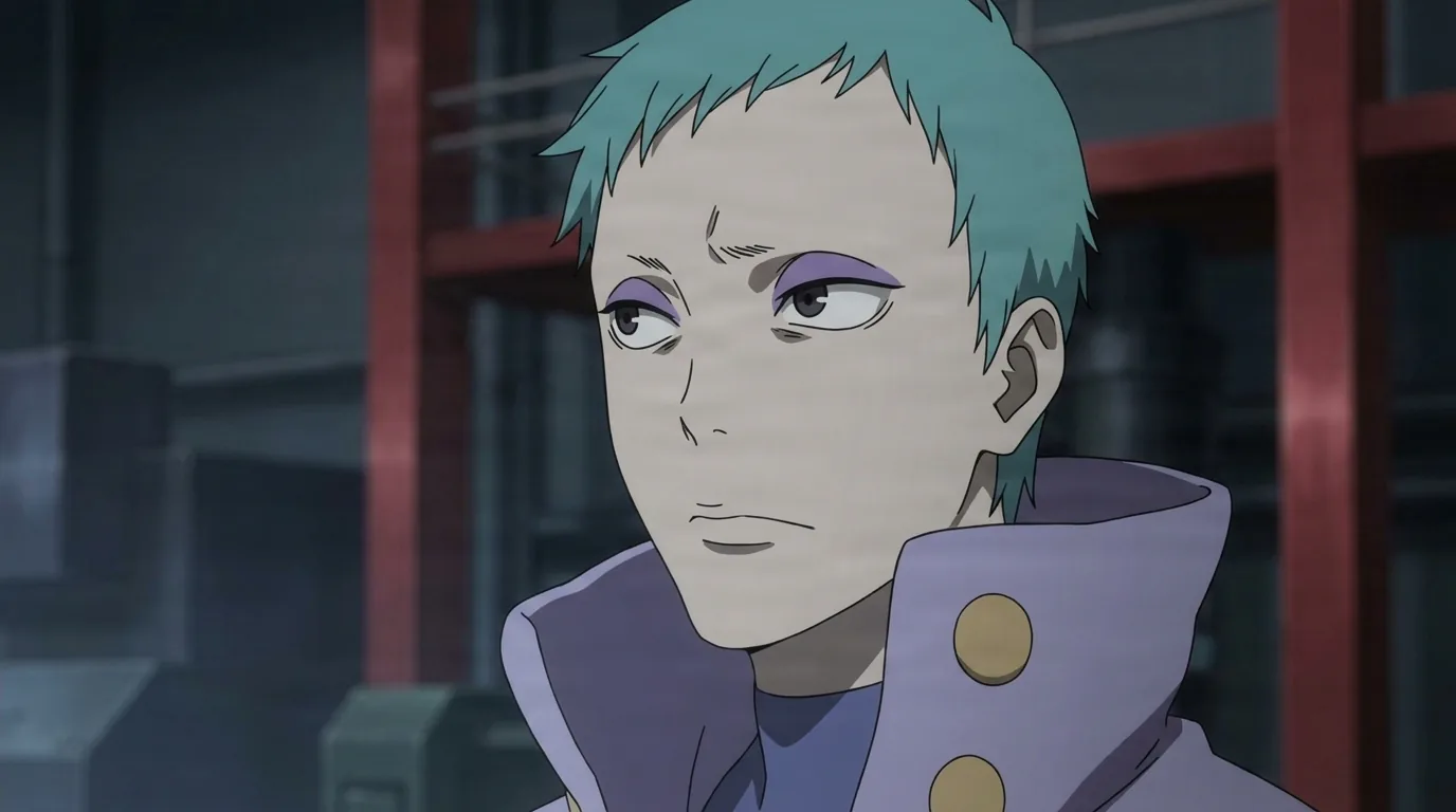 Leeron Littner from Gurren Lagann in a close-framed cel-shaded anime scene with a detailed environment