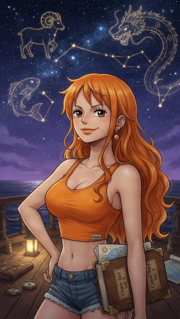 Nami in a tangerine crop top and denim shorts on a ship deck under star constellations.
