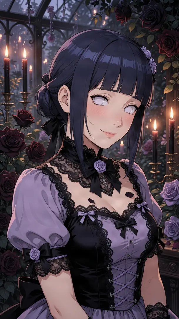 Hinata Hyuga from Naruto smiles softly while wearing an elegant purple and black gothic lace dress in a dimly lit garden surrounded by dark roses and glowing candles.