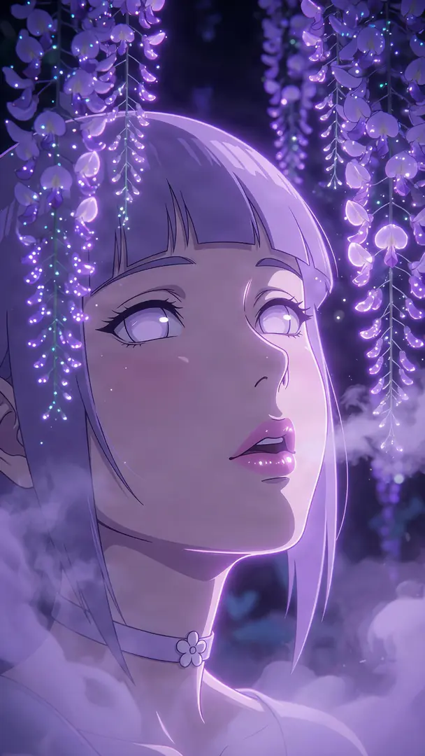 A close-up portrait of Hinata Hyuga gazing upward with parted lips, illuminated by a soft glow amidst hanging purple wisteria blossoms and ethereal mist.