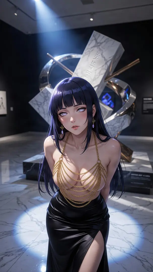 Hinata Hyuga from Naruto stands in an art gallery under a spotlight, wearing a revealing gold chain top and a black high-slit skirt.