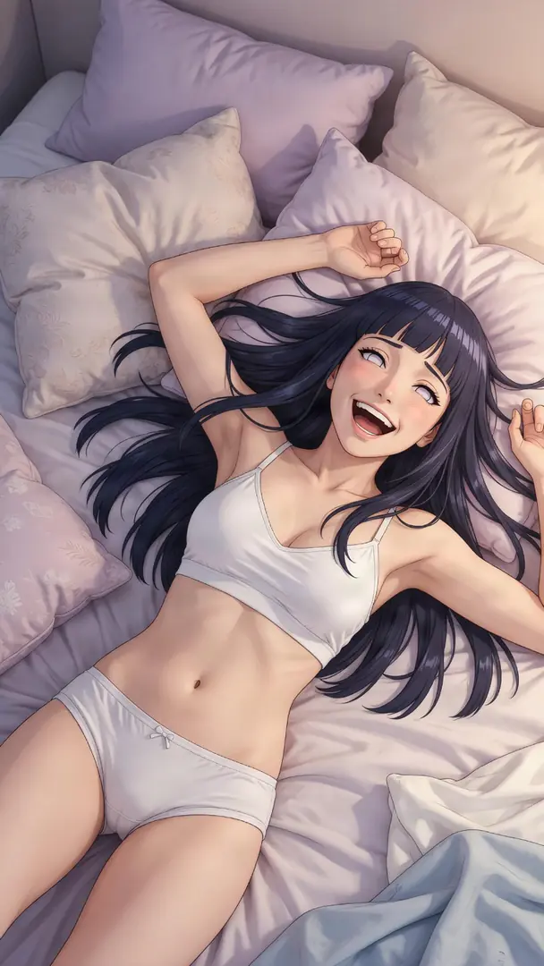 A smiling Hinata Hyuga from Naruto lies on her back across a pillow-covered bed wearing a white bralette and matching underwear.