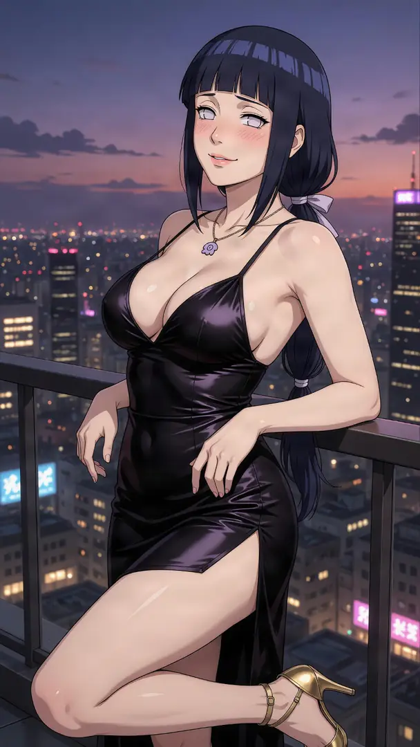 Hinata Hyuga from Naruto leans gracefully against a balcony railing overlooking a twilight cityscape, wearing a glossy black dress with a thigh-high slit and gold heels.
