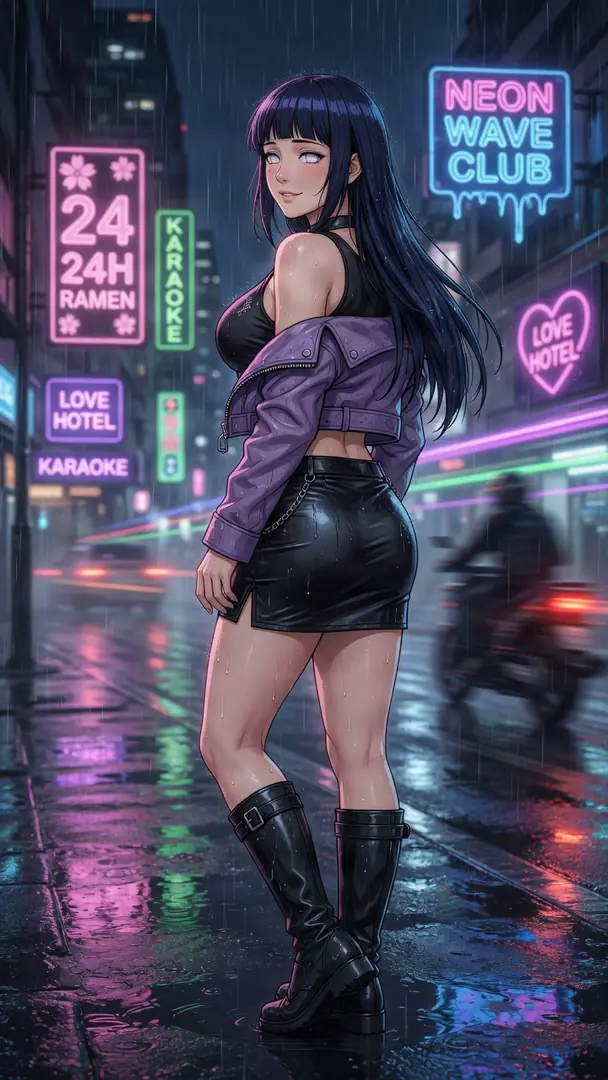 Hinata Hyuga from Naruto stands on a rainy, neon-lit city street looking back over her shoulder, dressed in a black leather skirt, knee-high boots, and a purple jacket.