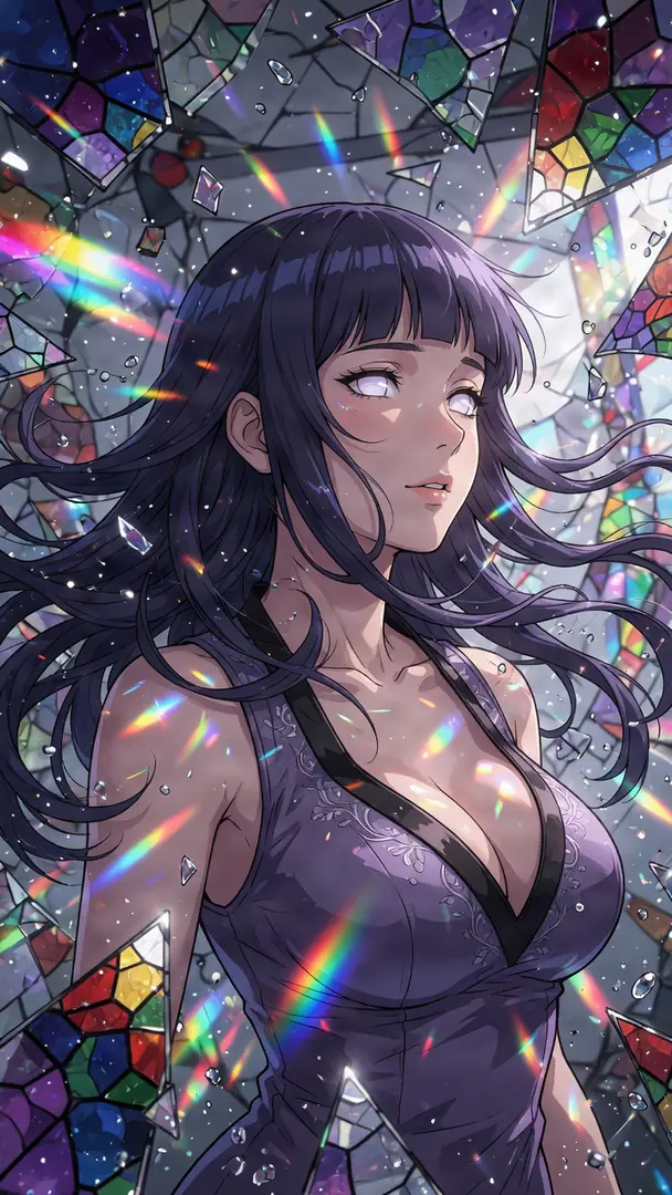 Hinata Hyuga from Naruto gazes softly upward while surrounded by floating shards of shattered stained glass and prismatic rainbow light.