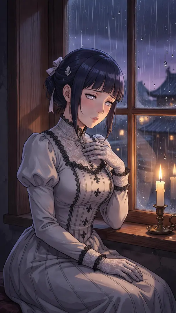 Hinata Hyuga from Naruto sits thoughtfully beside a candlelit window on a rainy evening, wearing an elegant, Victorian-style white dress with black lace trim.