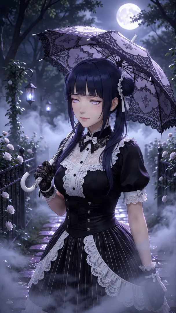 Hinata Hyuga from Naruto stands in a misty, moonlit rose garden, wearing a black and white gothic dress and holding an ornate lace parasol.