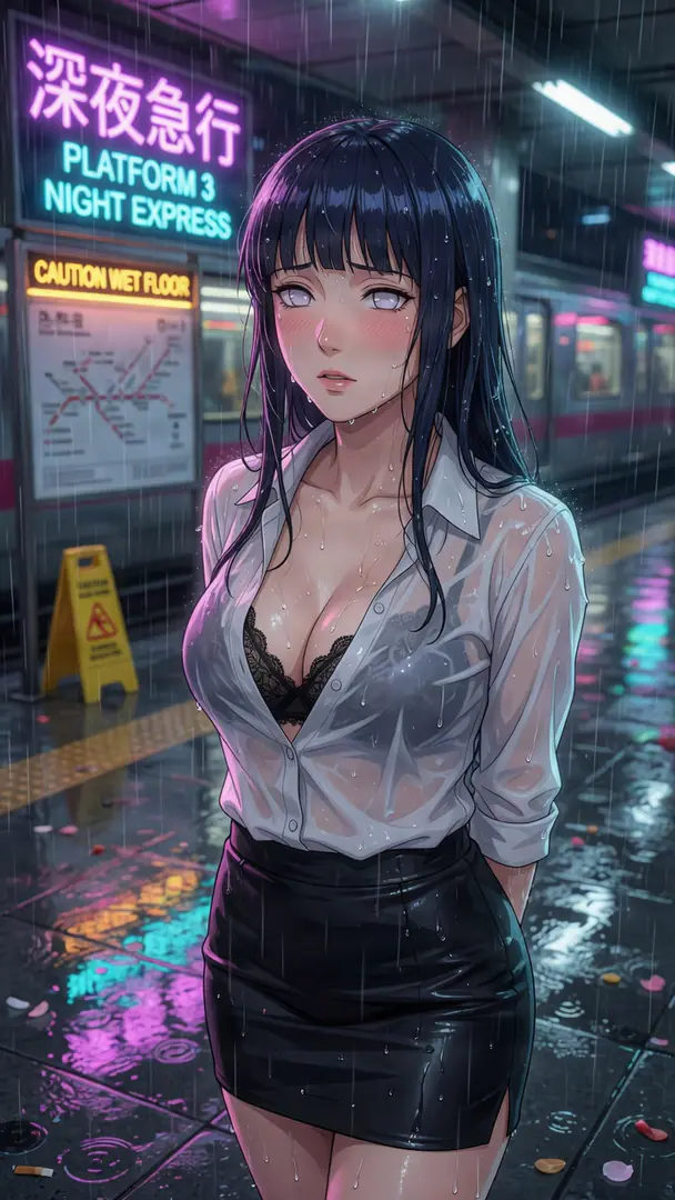 Hinata Hyuga from Naruto stands soaked in the rain on a neon-lit train platform, wearing a black skirt and a wet, unbuttoned white shirt over a black lace bra.