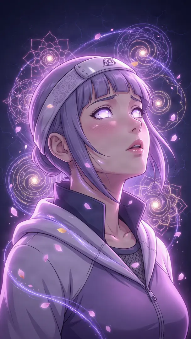 Hinata Hyuga from Naruto gazes softly upwards with glowing pale eyes, surrounded by a luminous purple aura featuring intricate circular patterns and falling pink petals.