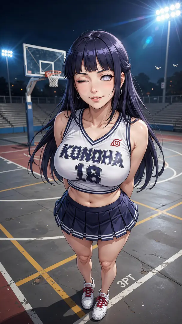 Hinata Hyuga from Naruto winks playfully while standing on a brightly lit outdoor basketball court at night wearing a sporty white Konoha crop top and a navy pleated skirt.