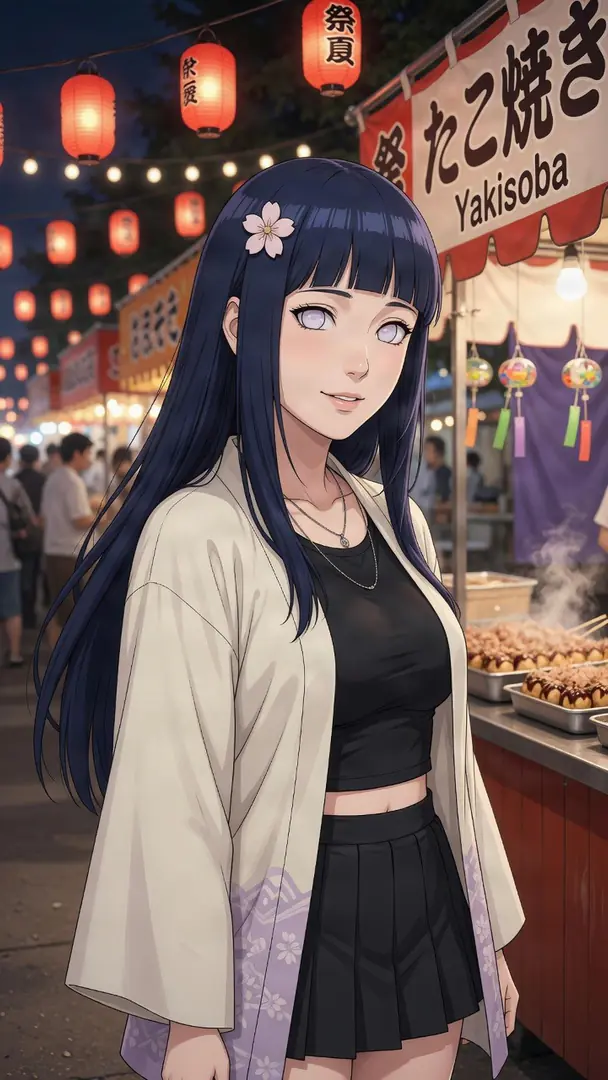 Adult Hinata in a cream kimono cardigan at a summer festival food stall street.