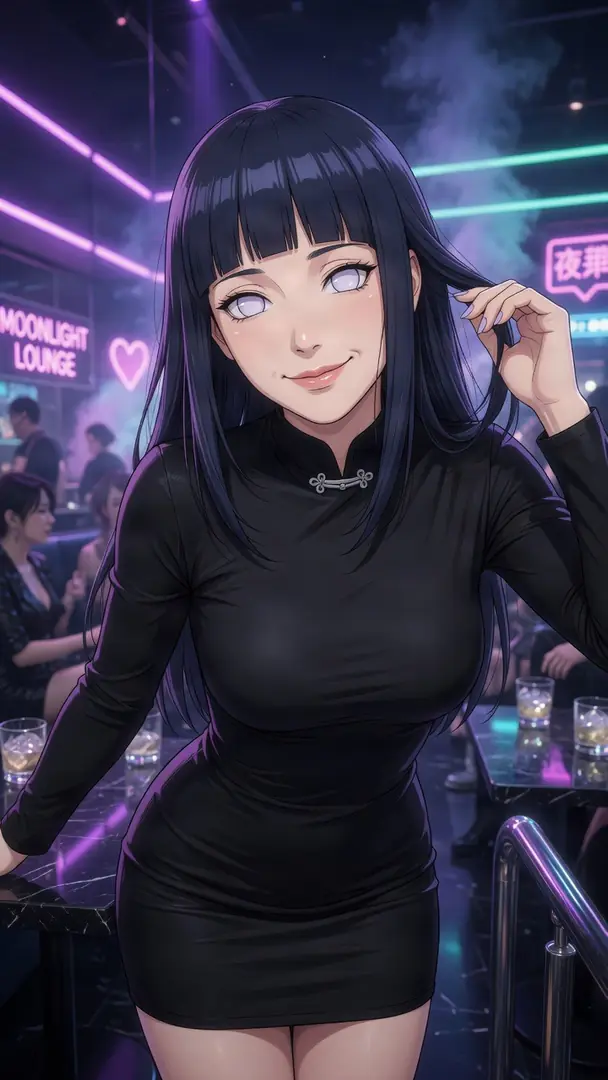 Hinata Hyuga from Naruto smiles and runs a hand through her long dark hair while posing in a form-fitting black dress inside a vibrant, neon-lit lounge.
