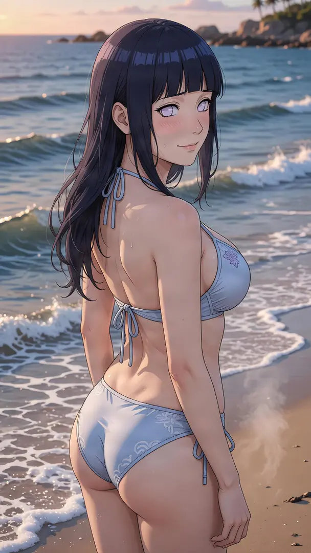Hinata Hyuga from Naruto stands on a sunlit beach in a light blue bikini, looking warmly over her shoulder with ocean waves rolling in the background.
