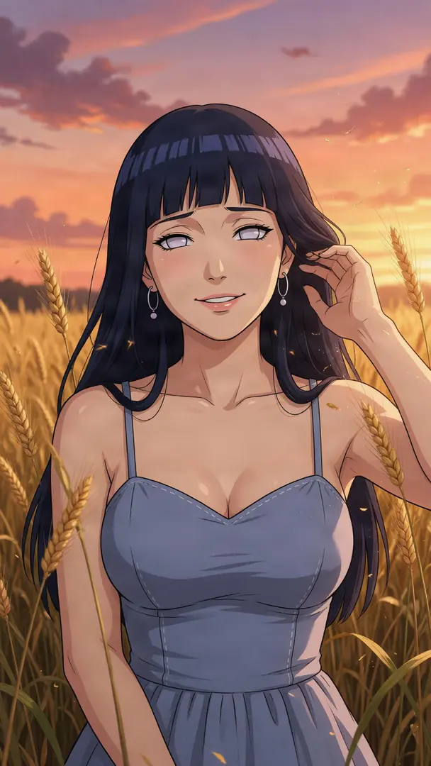 Hinata Hyuga from Naruto, wearing a light blue dress, smiles softly as she touches her long dark hair in a golden wheat field at sunset.