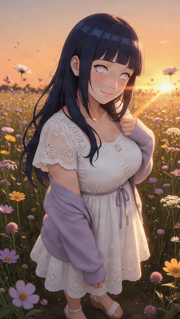 Hinata Hyuga smiles softly while standing in a sunlit field of wildflowers, wearing a white lace dress and a loose light purple cardigan.