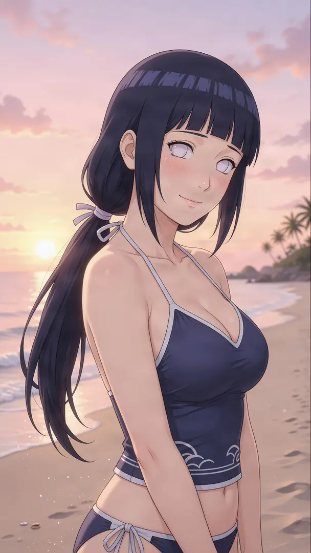 Hinata Hyuga from Naruto smiles softly while standing on a sandy beach at sunset wearing a dark blue two-piece swimsuit.