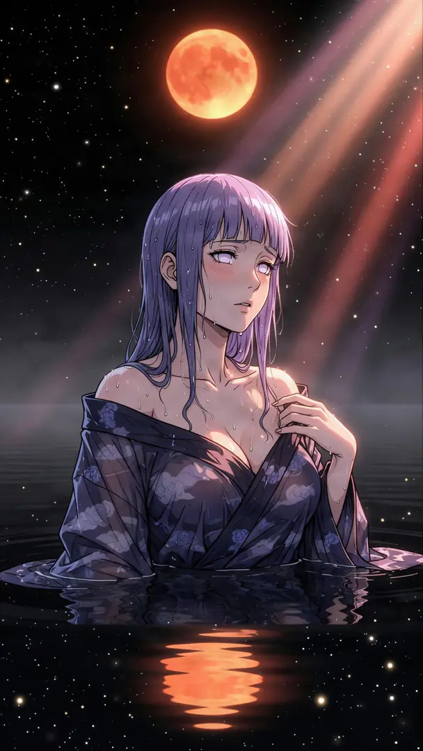 Hinata Hyuga from Naruto stands chest-deep in dark water wearing a wet, loosely draped patterned robe beneath a starry night sky illuminated by a glowing orange moon.