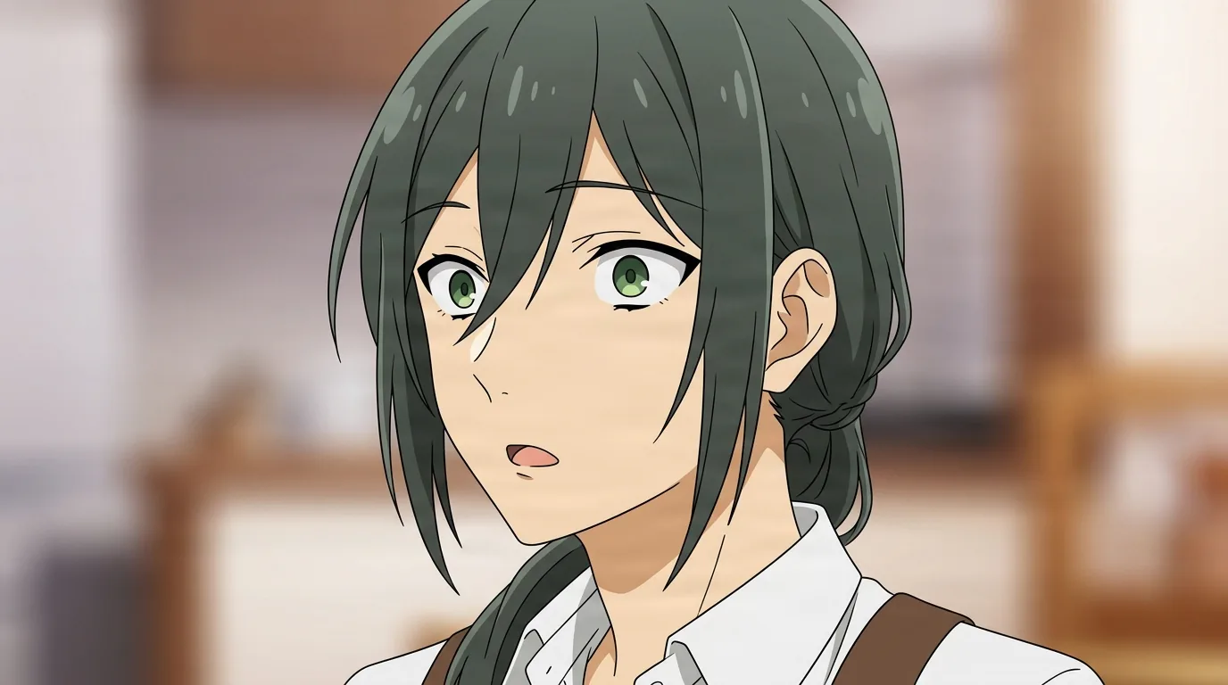 Iori Miyamura from Horimiya in a close-framed cel-shaded anime scene with a detailed environment