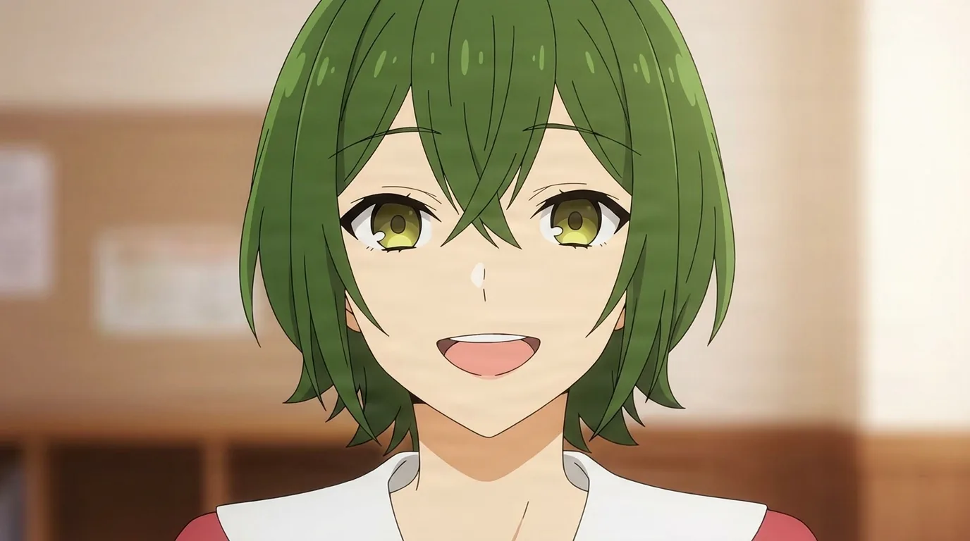 Motoko Iura from Horimiya in a close-framed cel-shaded anime scene with a detailed environment