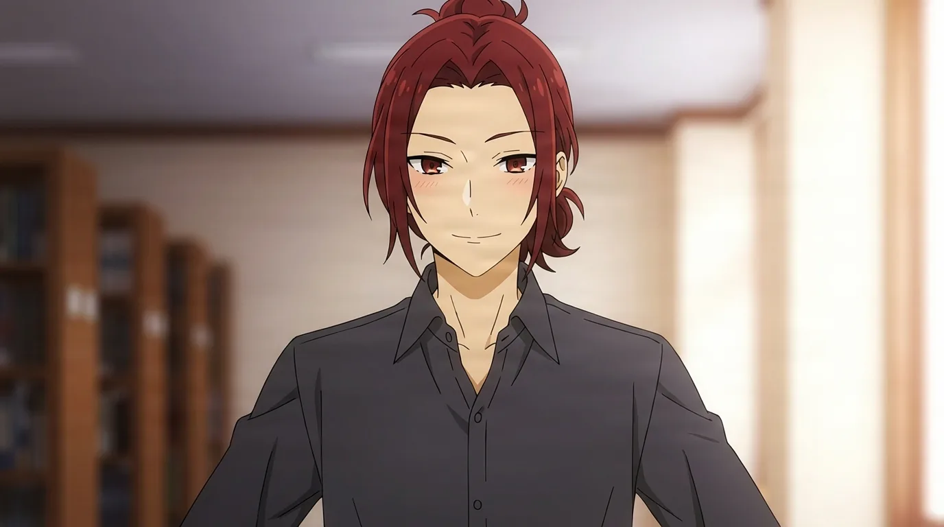 Shin Yasuda from Horimiya in a close-framed cel-shaded anime scene with a detailed environment