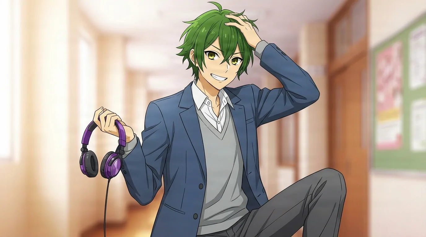 Shū Iura from Horimiya in a close-framed cel-shaded anime scene with a detailed environment