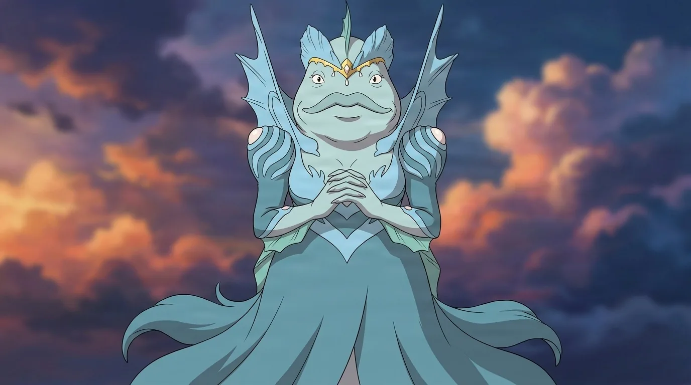 Aquaria of Atlantis, a teal fish-featured queen in a flowing gown with a finned crown and gold tiara, fingers steepled against sunset clouds