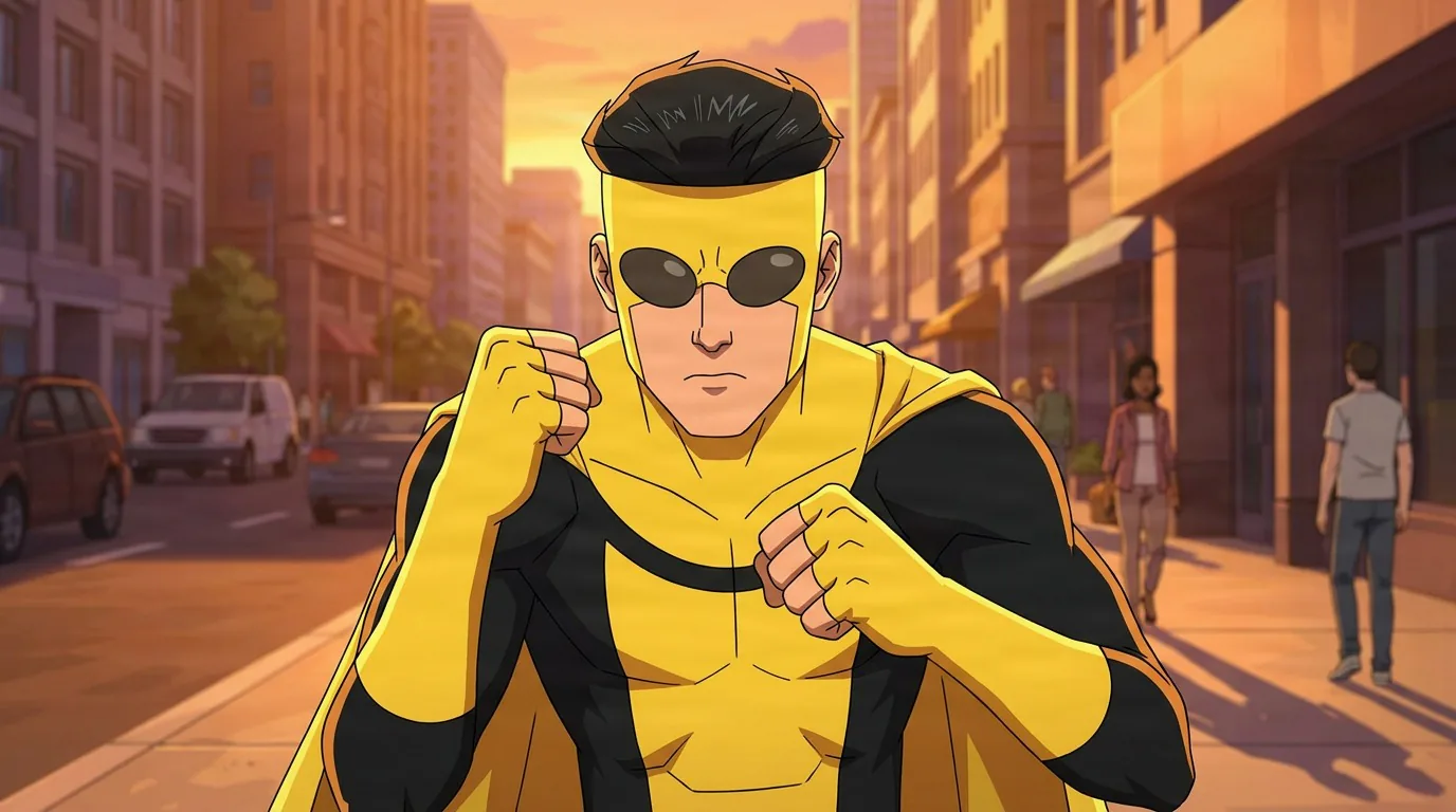 Capevincible, a hero in a yellow and black suit with dark goggles, raises his fists in a fighting stance on a city street at sunset.