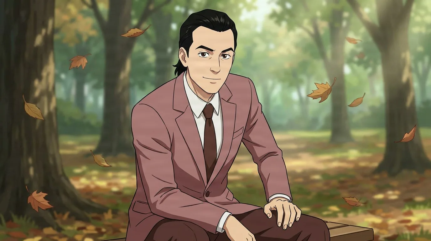 D.A. Sinclair, a young man with slicked-back black hair in a mauve suit, sits on a bench in an autumn park.