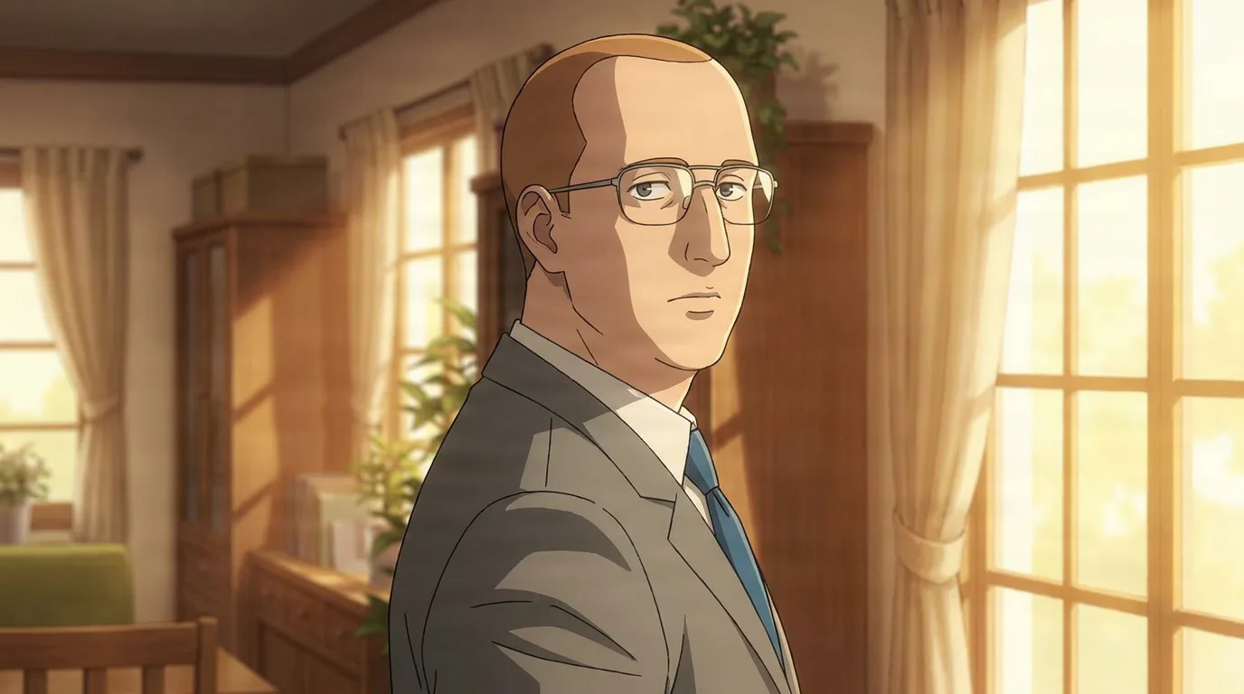 Donald Ferguson, a bald man in glasses and a grey suit, standing in a sunlit living room.