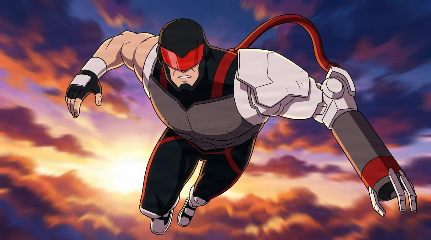 Killcannon lunging forward through a sunset sky, red visor and black bodysuit, one massive white mechanical cannon arm outstretched