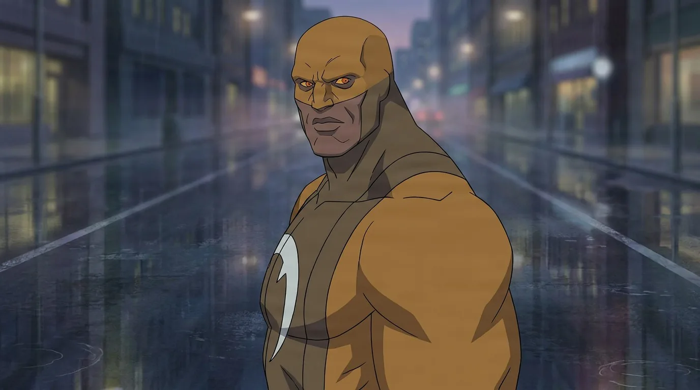 Komodo Dragon, a muscular figure with reptilian eyes in a tan bodysuit with a lightning emblem, stands on a rainy street.
