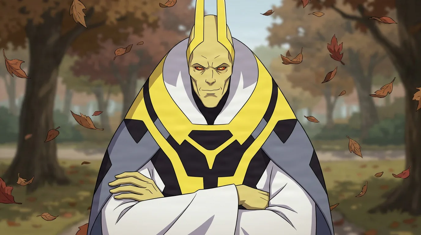 Martian Emperor, a yellow-skinned alien with an elongated head and orange eyes, seated in an autumn park.