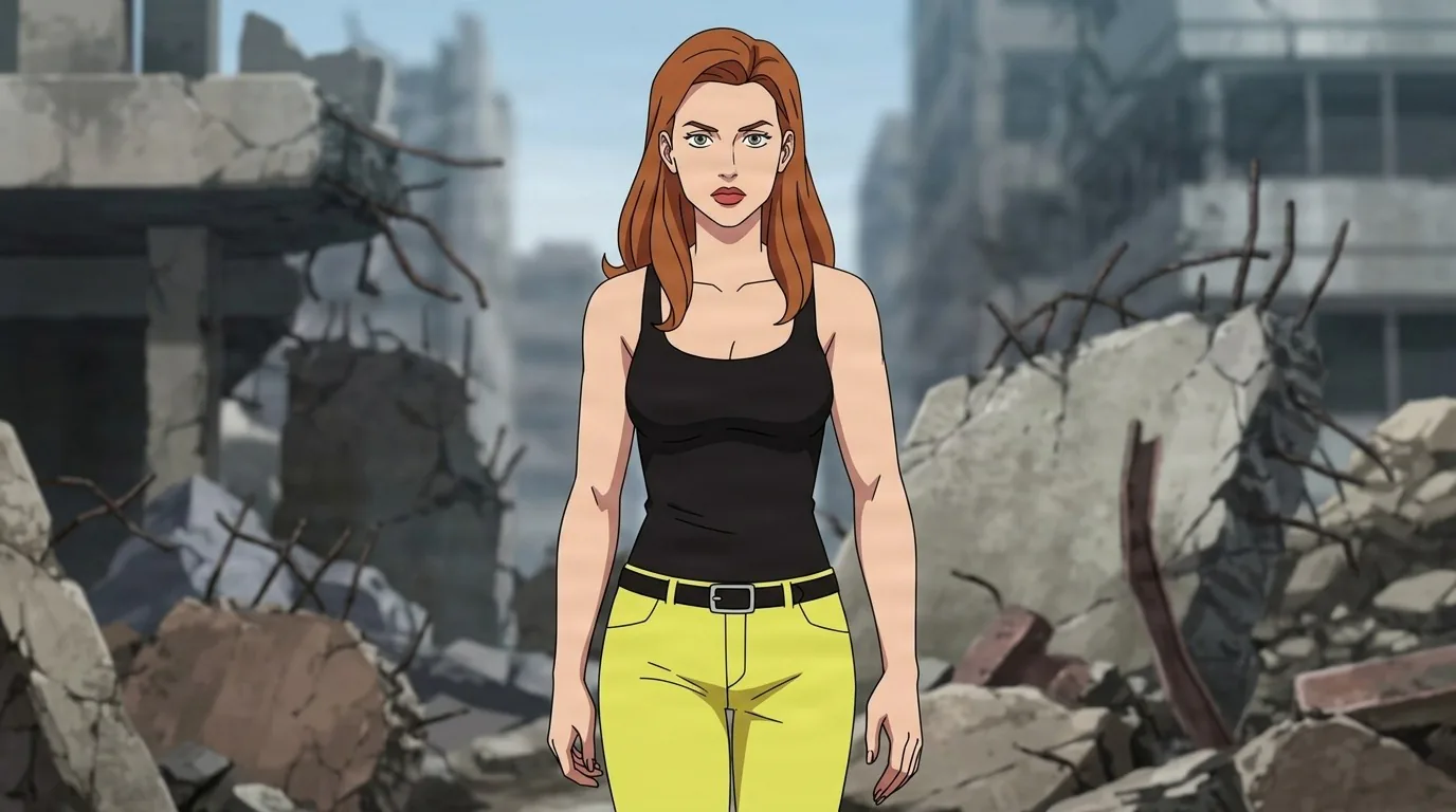 Olga standing amid city rubble in a black tank top and yellow jeans, long auburn hair and a steady, level stare.