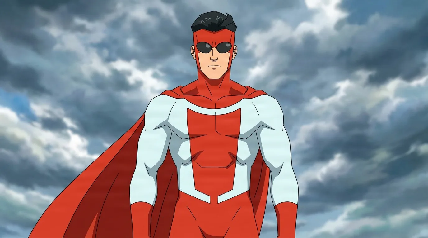 Omnivincible, a hero in a red and white masked costume with a cape, standing under a stormy grey sky.