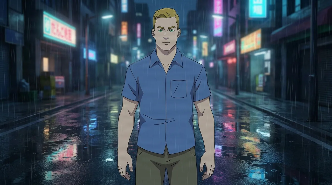 Rick Sheridan, a blonde young man in a blue short-sleeved shirt and olive pants, stands on a rainy neon-lit street at night.