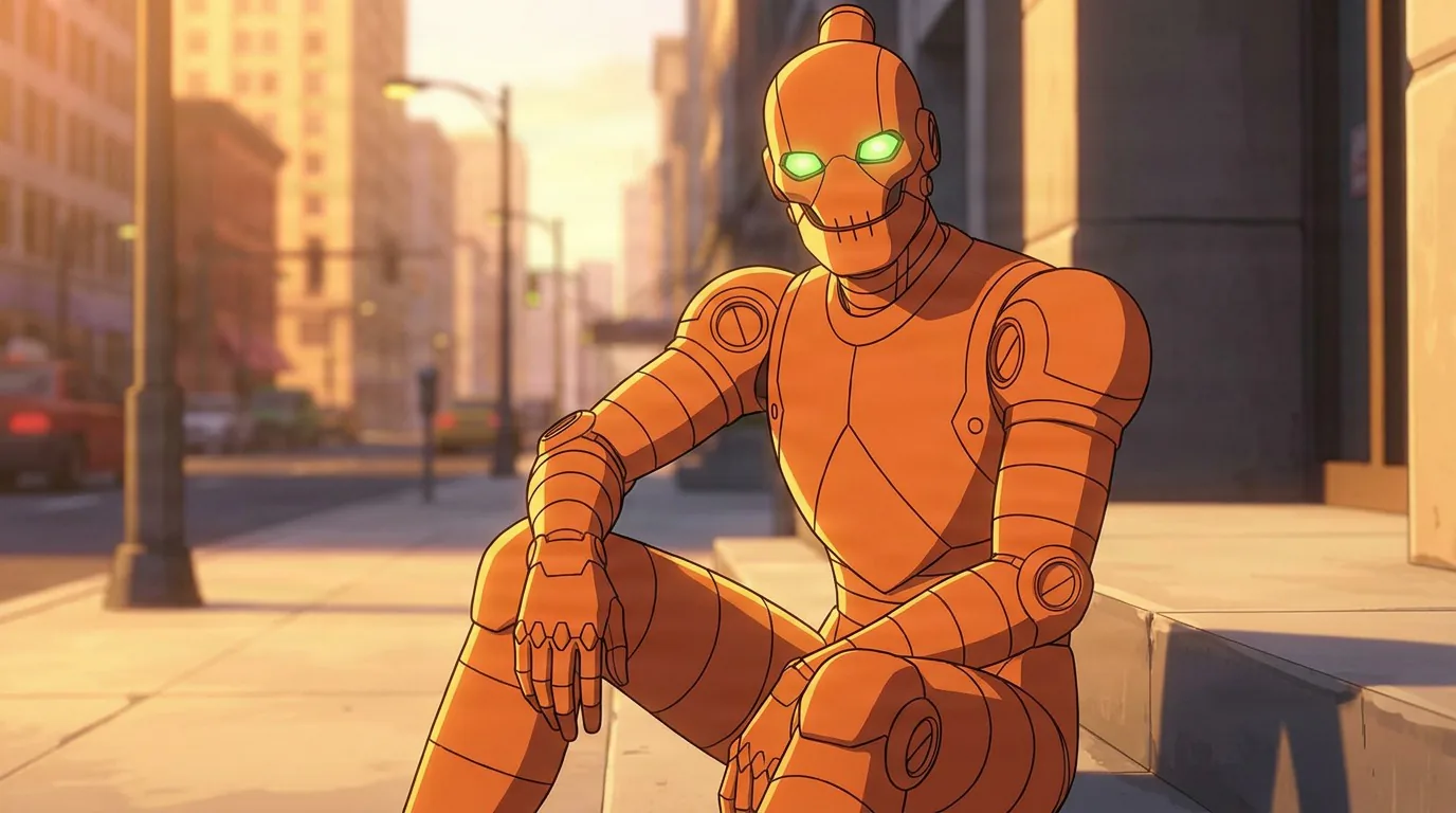 Robot, an orange humanoid machine with glowing green eyes, sits on steps along a sunlit city street.