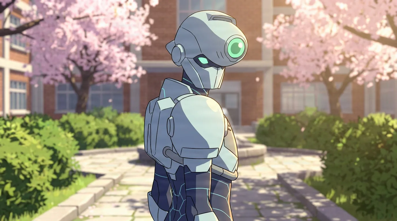 Tech Jacket, a figure in sleek silver and white armor with a green visor eye, stands among blossoming trees in a courtyard.