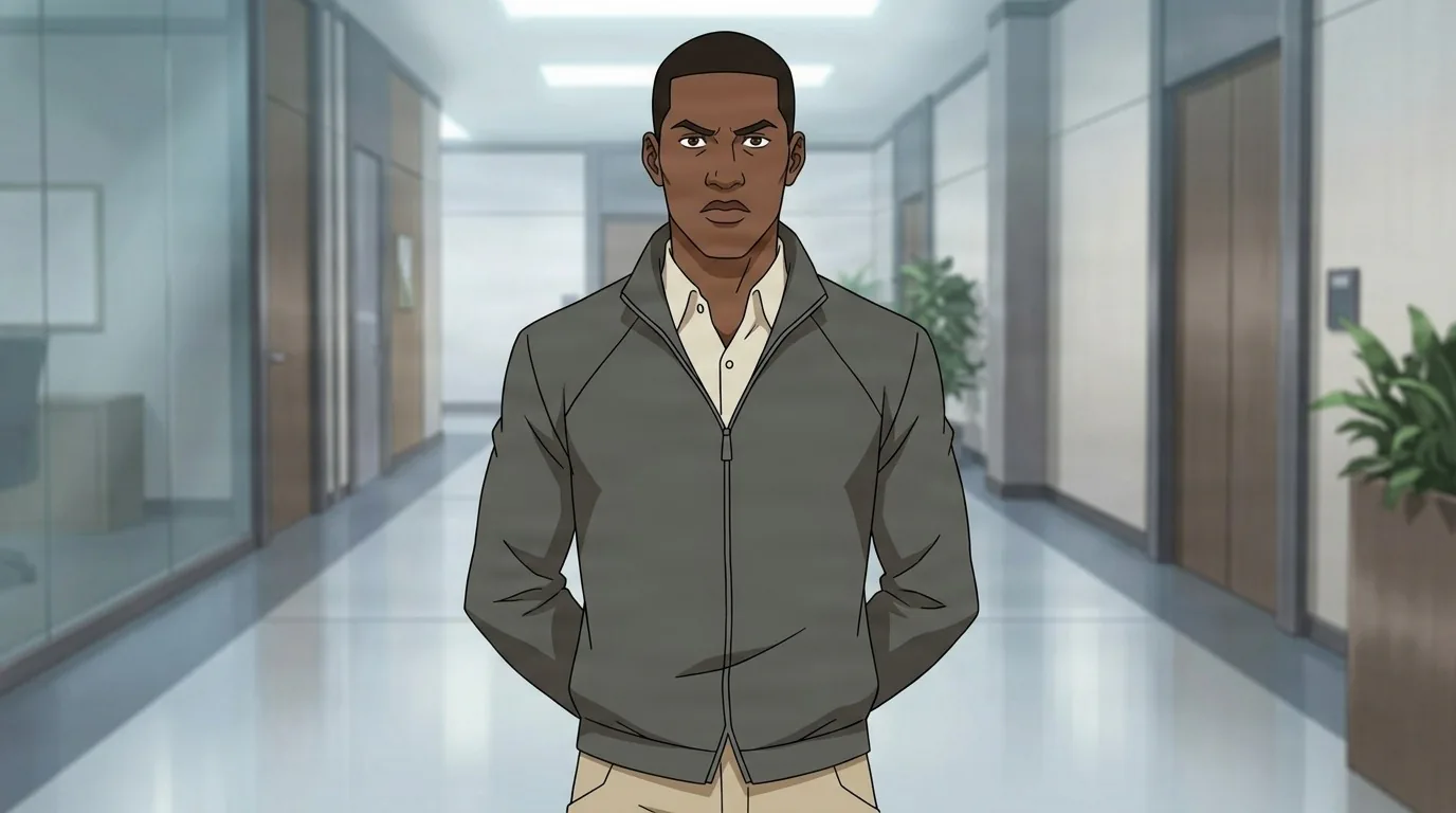 Theo standing hands in pockets in a grey zip jacket, stern expression in a bright office corridor