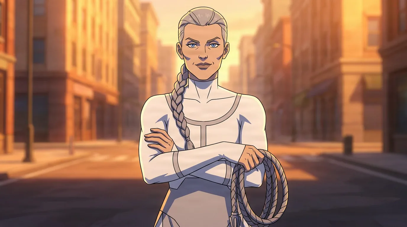 Thula, a muscular woman with a silver braid in a white bodysuit, stands with arms crossed holding a coiled rope on an empty street.