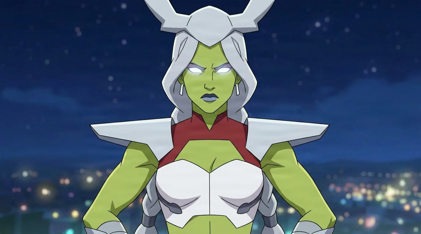 Universa, a green-skinned warrior in horned white armor, standing with hands on hips against a night city skyline.
