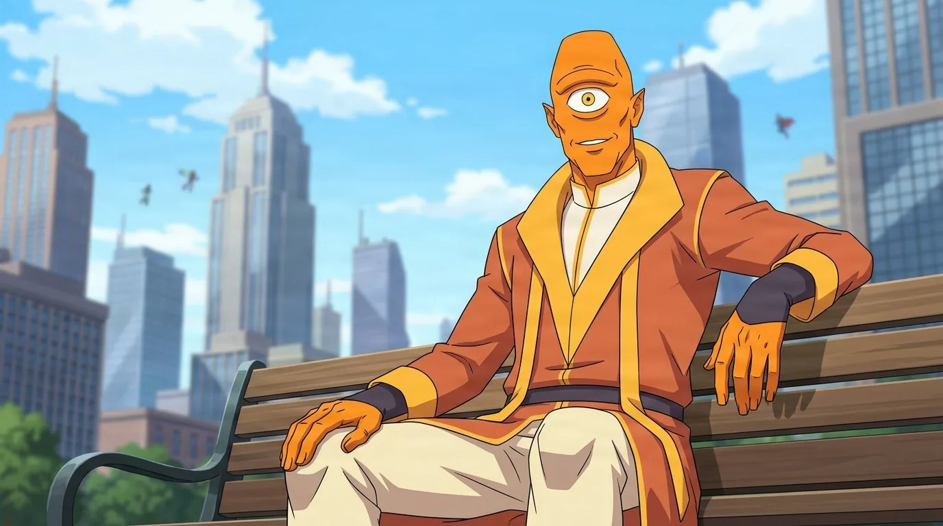 Unopans, an orange-skinned alien with a single central eye and pointed ears, sitting on a park bench before the city skyline