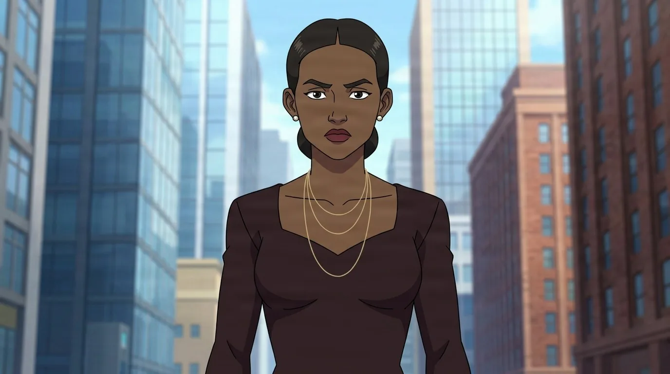 Vanessa, a woman with dark hair pulled back and layered gold necklaces, standing with a stern expression against a city skyline