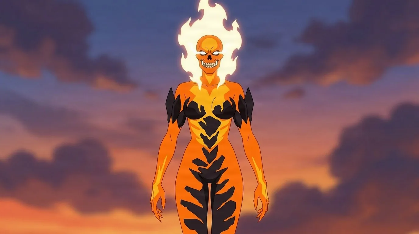 Volcanikka standing against a sunset sky, her grinning skull face wreathed in white flame above a molten orange and black body.
