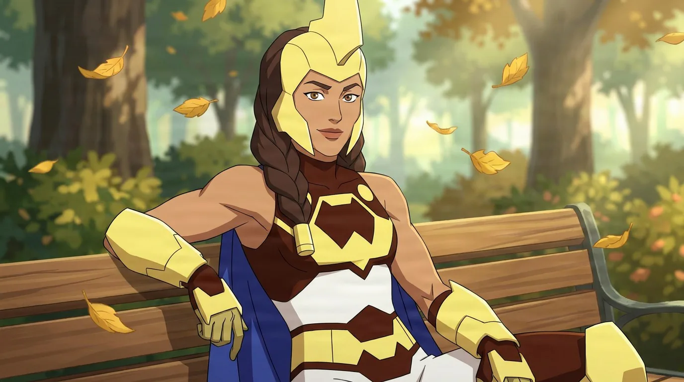 War Woman, a warrior in a yellow helmet and brown and yellow armor with a blue cape, sits on a park bench amid falling leaves.