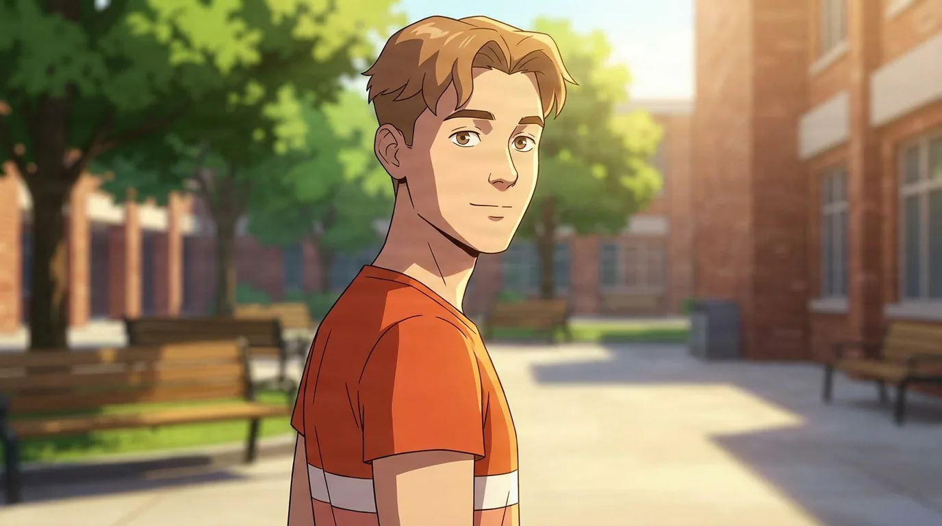 William Clockwell, a young man with light brown hair in an orange t-shirt, glances back in a sunny school courtyard.