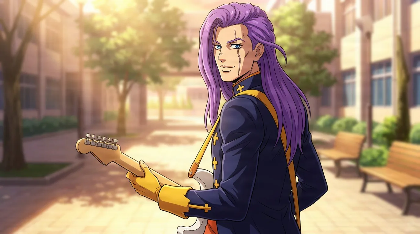 Akira Otoishi holds an electric guitar in a navy cross-adorned jacket and yellow gloves in a sunlit courtyard.