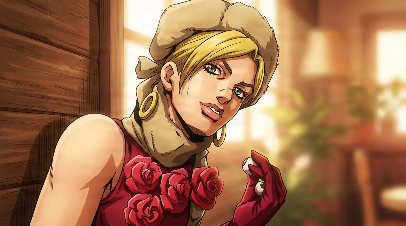 Dr. Ferdinand in a fur-lined cap and rose-adorned red top holds a small object by a sunlit cabin window.