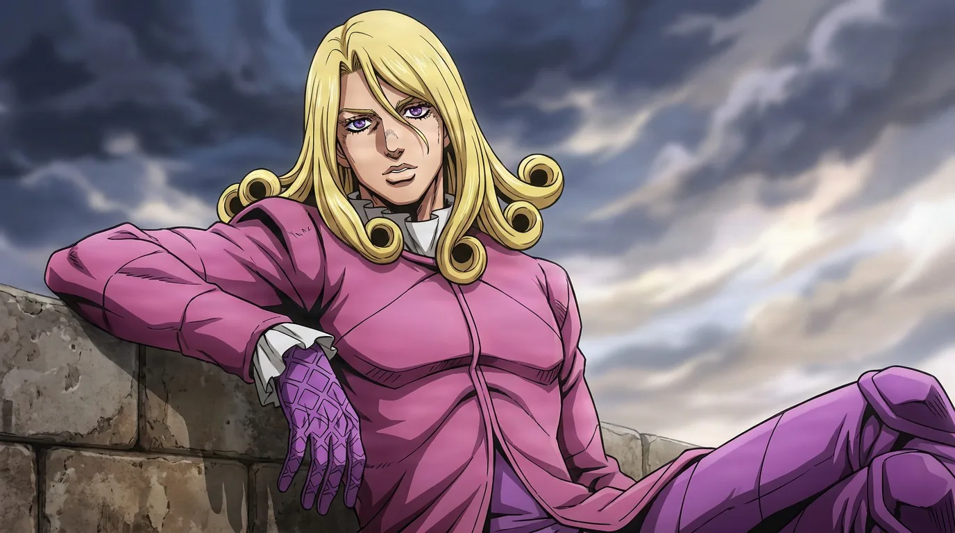 Funny Valentine, a blond man with ringlet curls in a pink suit, reclining against a stone wall under storm clouds.